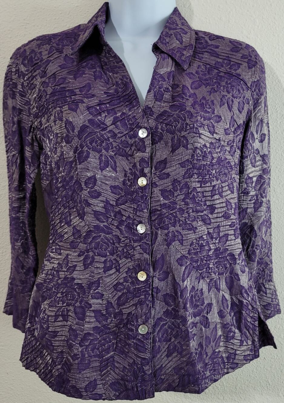 Scott Taylor Silver Purple Floral Ruched Button Up Top Small Asymmetrical Hem